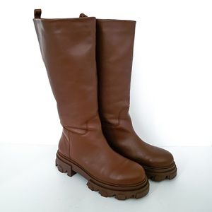 Steve Madden Priority Y2K Brown Leather Chunky Platform Riding Boots
